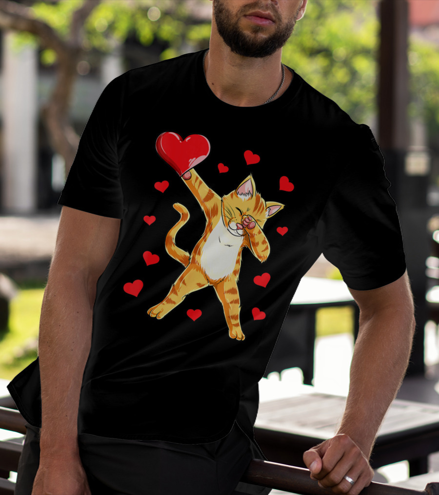 Cute Dabbing Cat With Hearts For Valentine's Day Kitten Lovers T-Shirt
