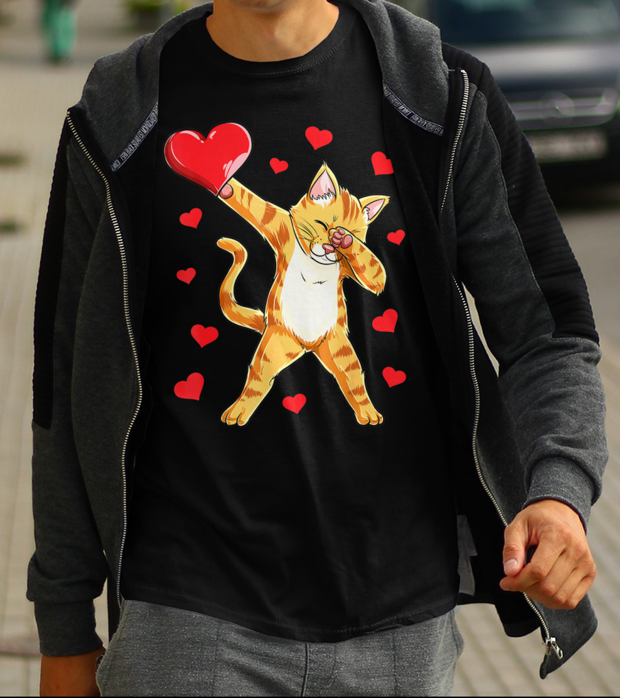 Cute Dabbing Cat With Hearts For Valentine's Day Kitten Lovers T-Shirt