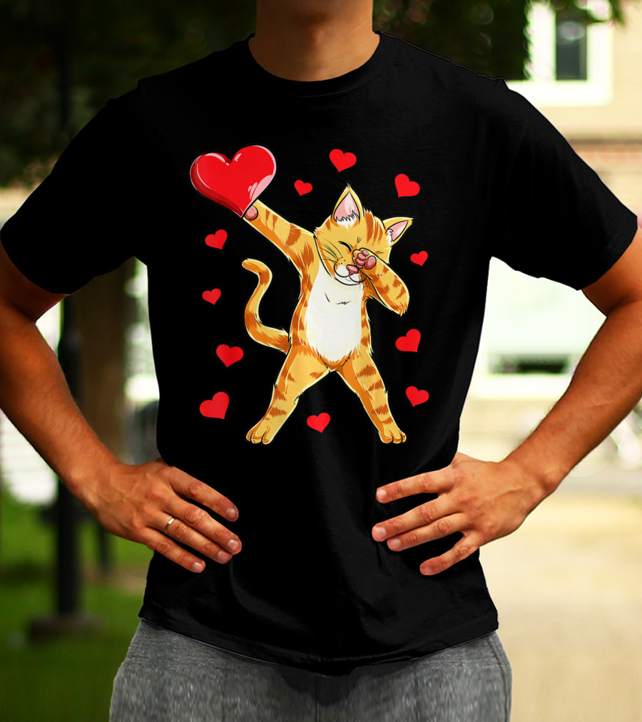 Cute Dabbing Cat With Hearts For Valentine's Day Kitten Lovers T-Shirt