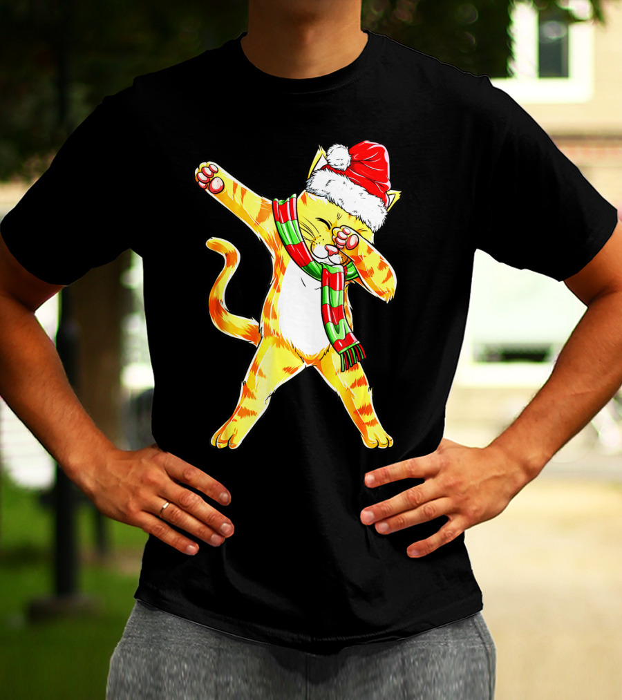 Dabbing Cat Santa With Festive Hat And Scarf T-Shirt