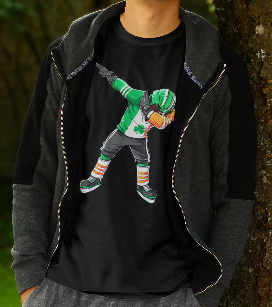 St Patricks Day Ireland Flag Dabbing Hockey Player Irish Shamrock T-Shirt