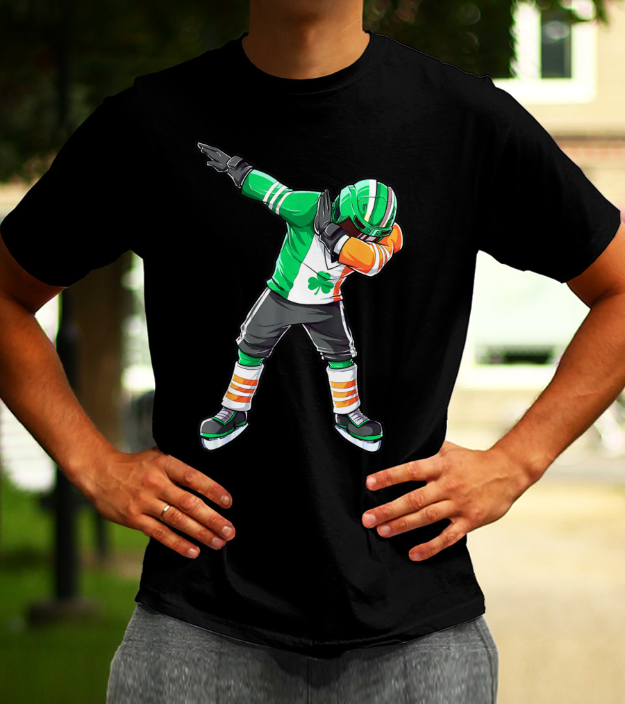 St Patricks Day Ireland Flag Dabbing Hockey Player Irish Shamrock T-Shirt