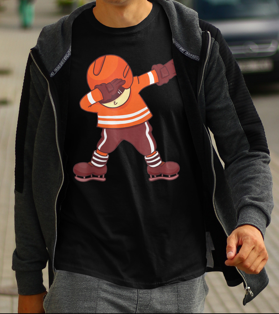 Dabbing Ice Hockey Player In Orange Gear With Striped Legs T-Shirt