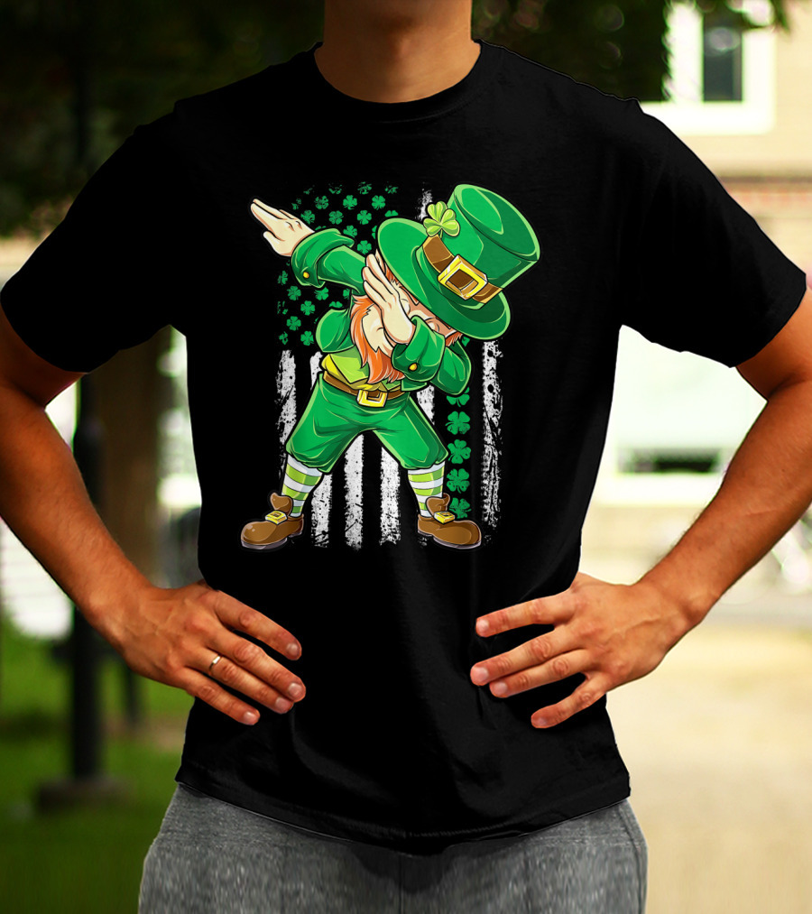 Dabbing Leprechaun With Irish American Flag Background And Shamrocks T-Shirt