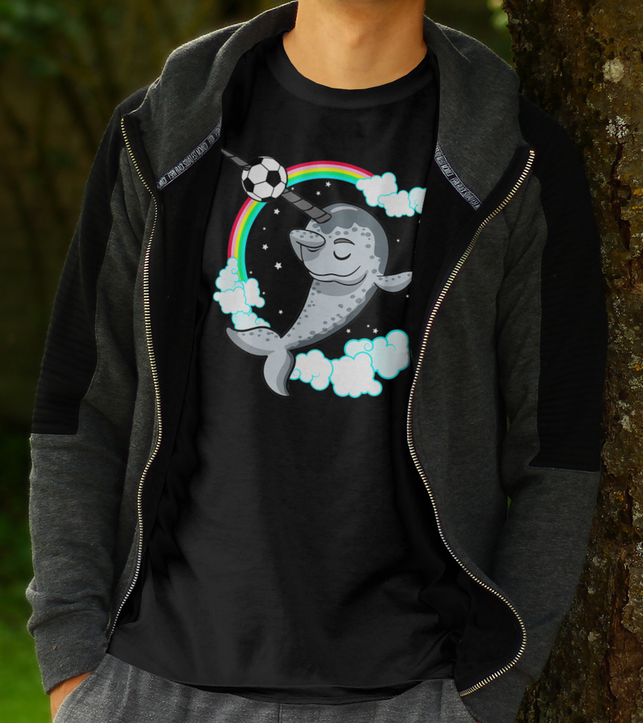 Dabbing Narwhal Soccer Rainbow Clouds Stars T-Shirt