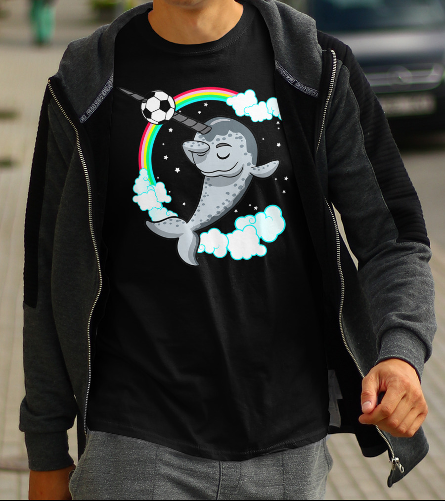 Dabbing Narwhal Soccer Rainbow Clouds Stars T-Shirt