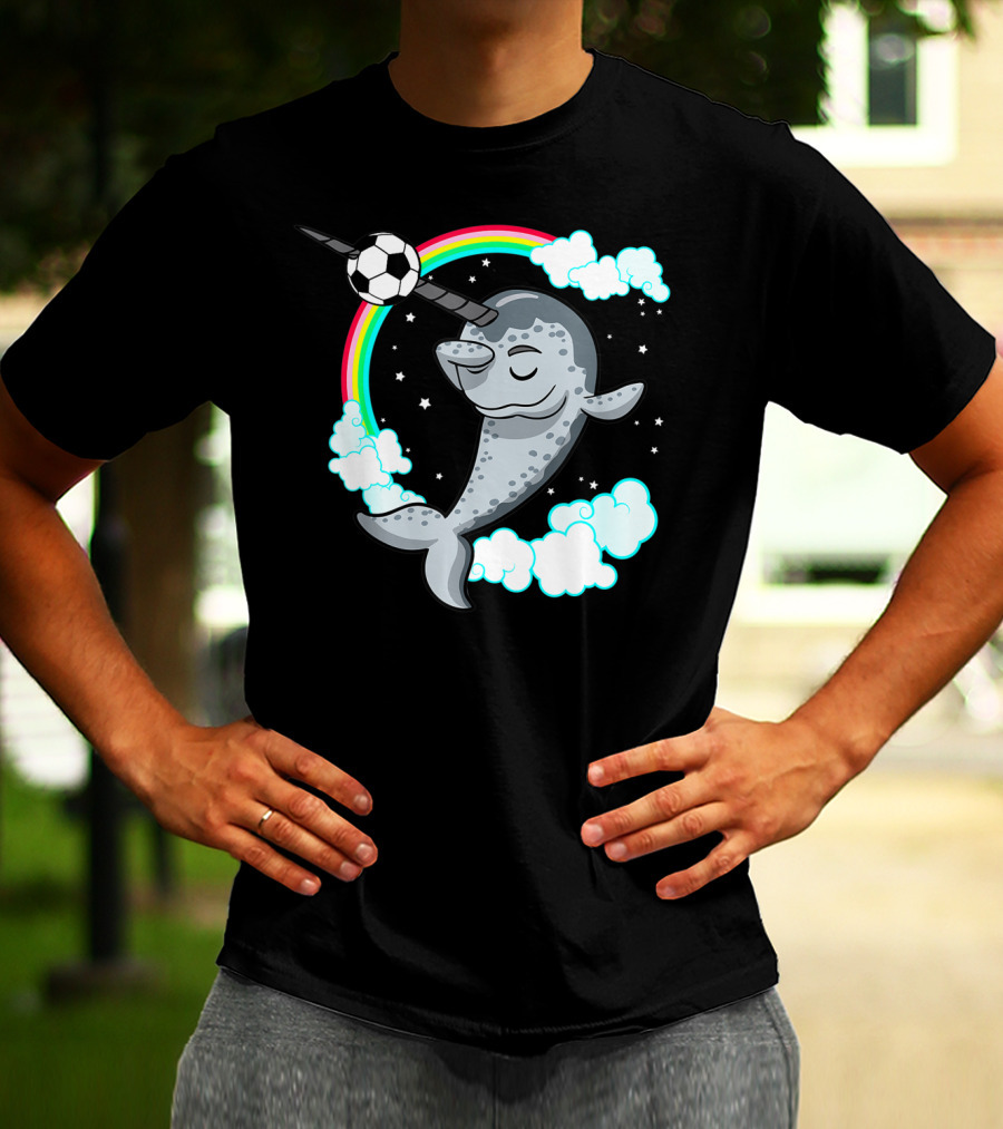Dabbing Narwhal Soccer Rainbow Clouds Stars T-Shirt
