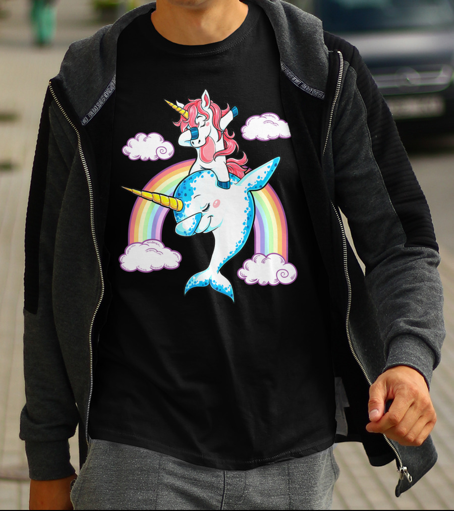 Dabbing Narwhal Unicorn Kids Rainbow Clouds Dab Squad T-Shirt