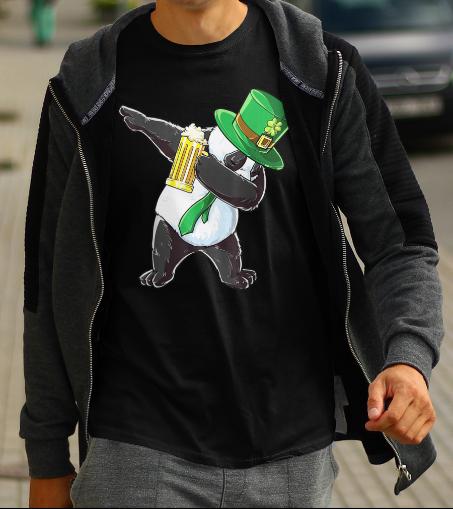 Dabbing Panda With Green Leprechaun Hat And Beer T-Shirt
