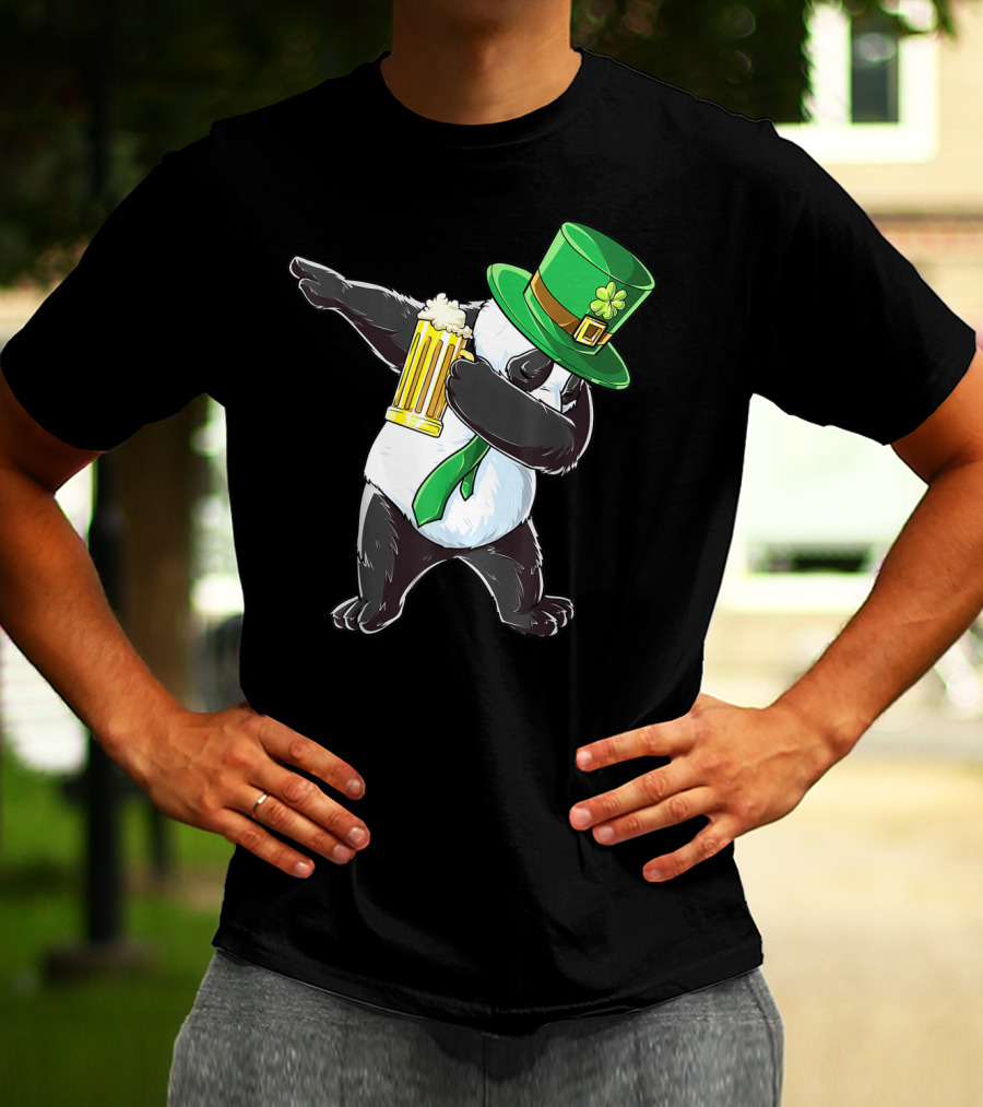 Dabbing Panda With Green Leprechaun Hat And Beer T-Shirt