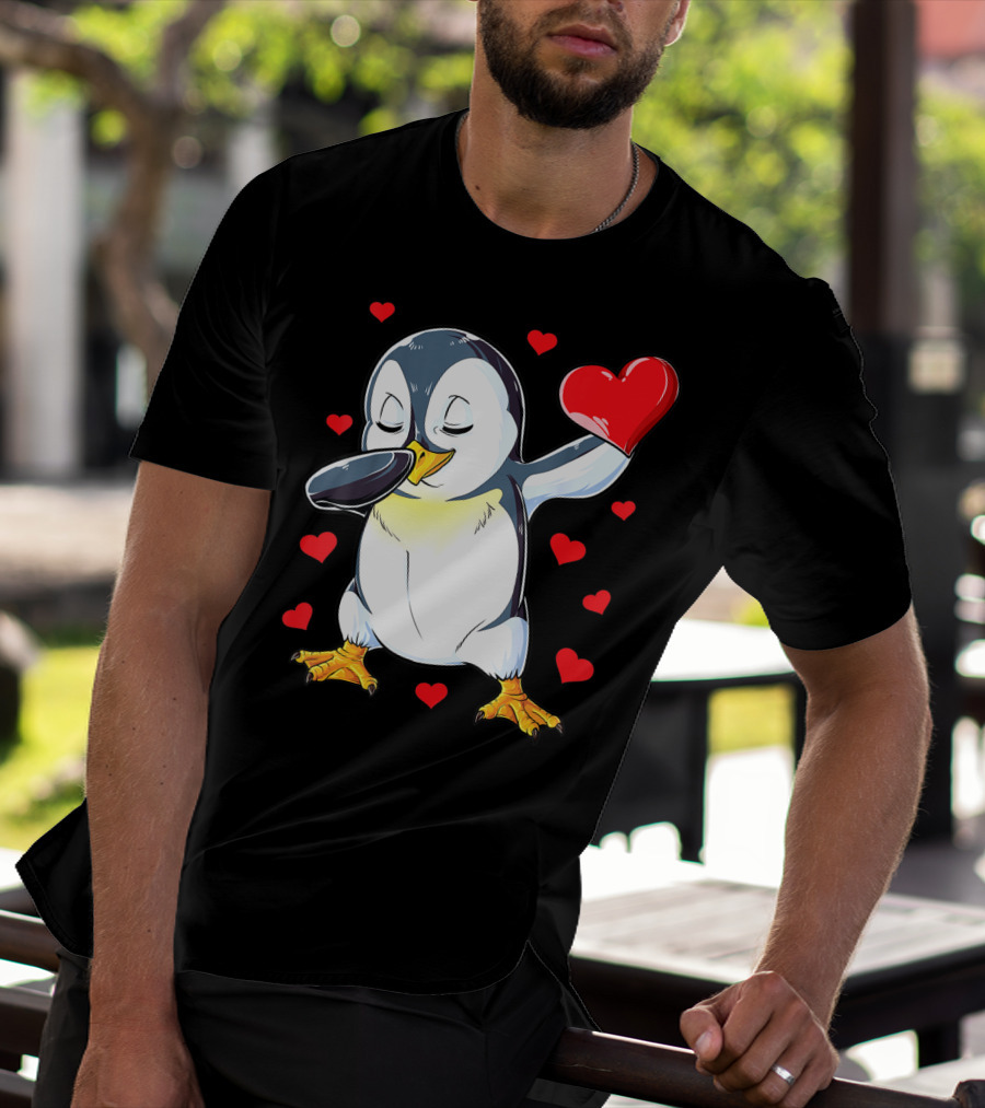 Dabbing Penguin Holding Heart Surrounded By Valentine Hearts T-Shirt