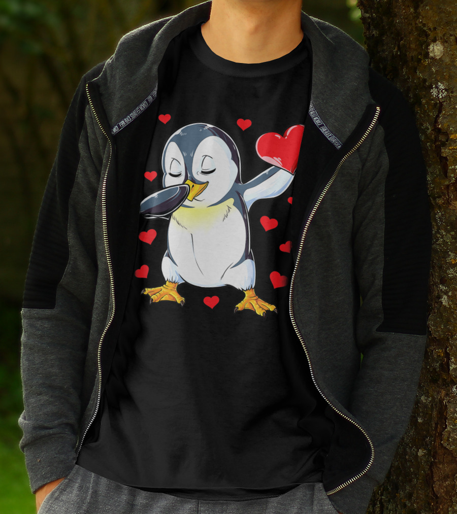 Dabbing Penguin Holding Heart Surrounded By Valentine Hearts T-Shirt