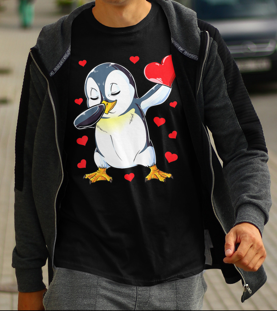 Dabbing Penguin Holding Heart Surrounded By Valentine Hearts T-Shirt