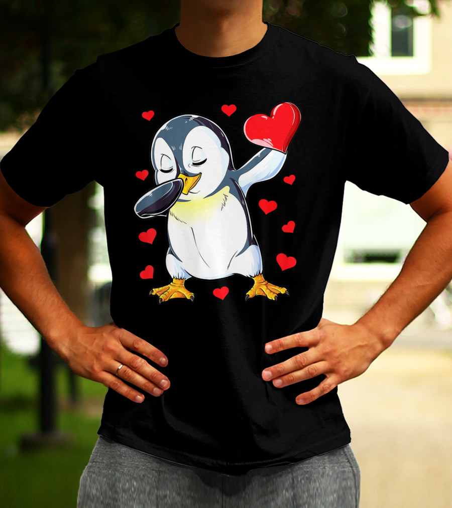 Dabbing Penguin Holding Heart Surrounded By Valentine Hearts T-Shirt
