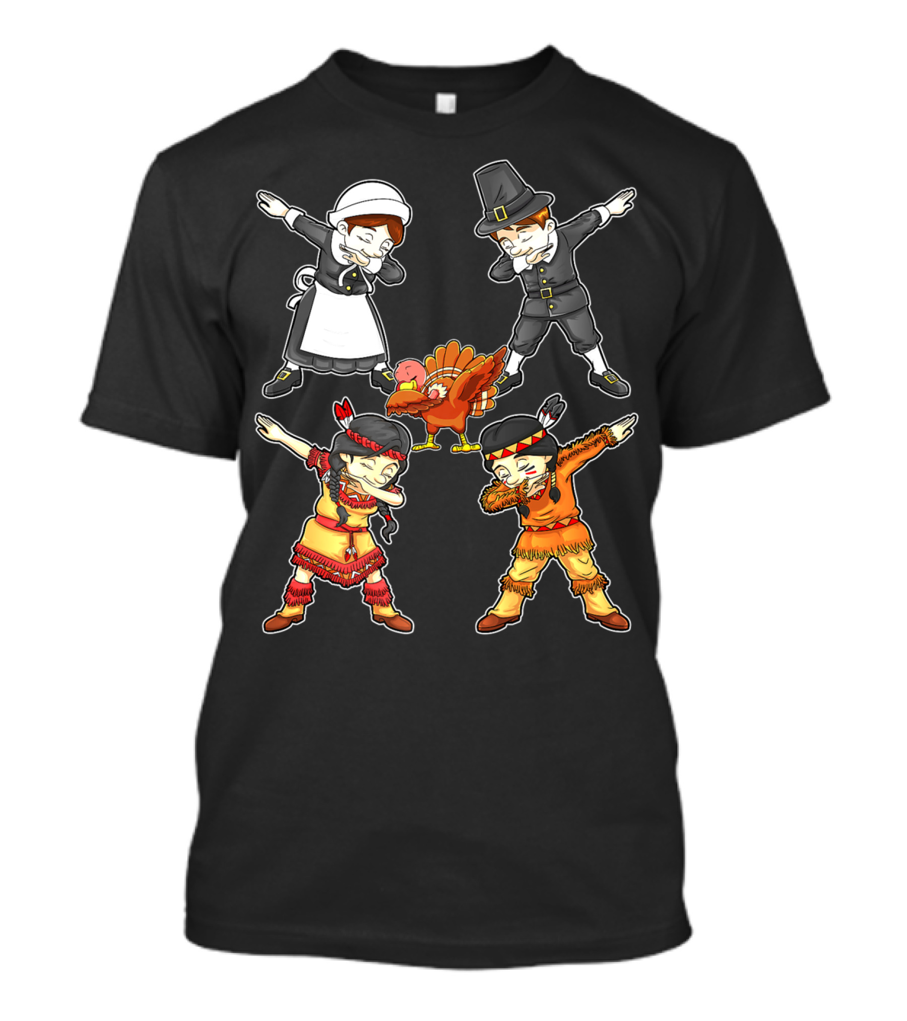 Dabbing Pilgrim And Native American Characters With Turkey T-Shirt