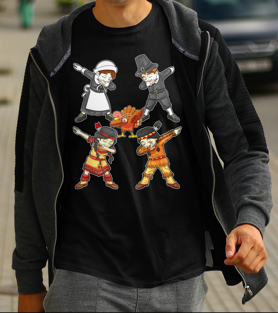 Dabbing Pilgrim And Native American Characters With Turkey T-Shirt