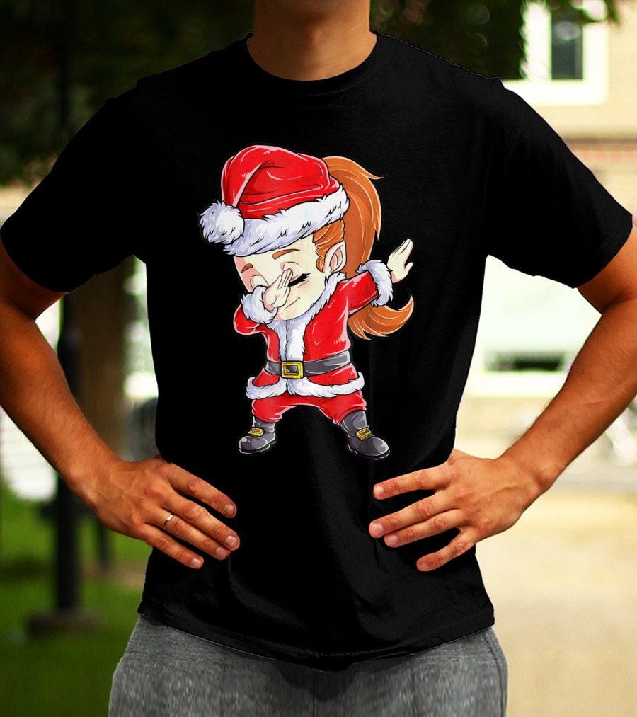 Dabbing Santa Christmas Girls Red Suit White Fur Black Boots T-Shirt