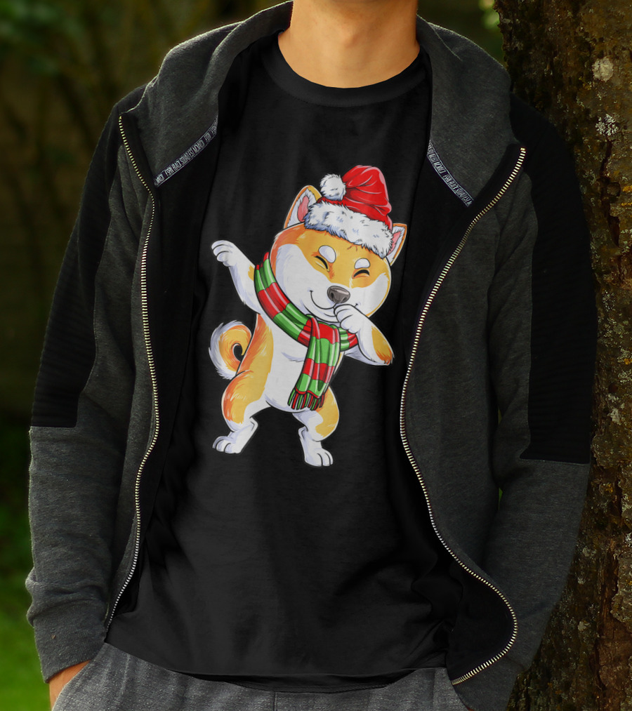 Dabbing Shiba Inu Santa Christmas Scarf Dance T-Shirt