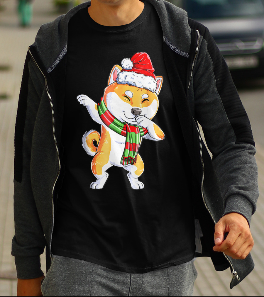 Dabbing Shiba Inu Santa Christmas Scarf Dance T-Shirt