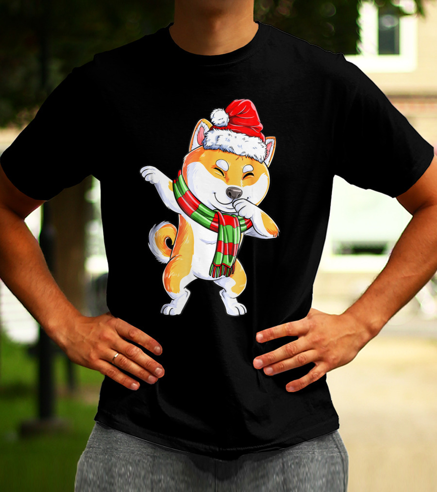 Dabbing Shiba Inu Santa Christmas Scarf Dance T-Shirt