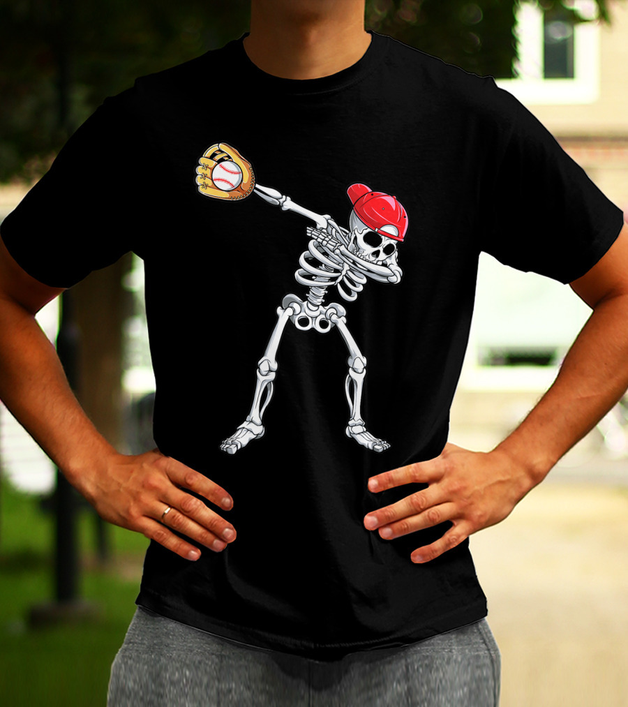 Dabbing Skeleton Baseball Halloween Boys Red Hat T-Shirt
