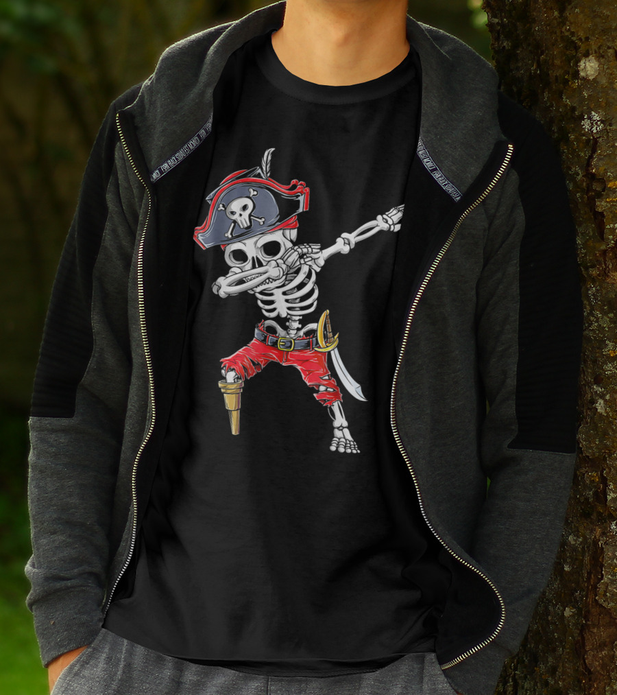 Dabbing Skeleton Pirate Kids Halloween Jolly Roger T-Shirt
