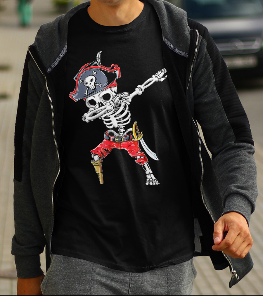 Dabbing Skeleton Pirate Kids Halloween Jolly Roger T-Shirt