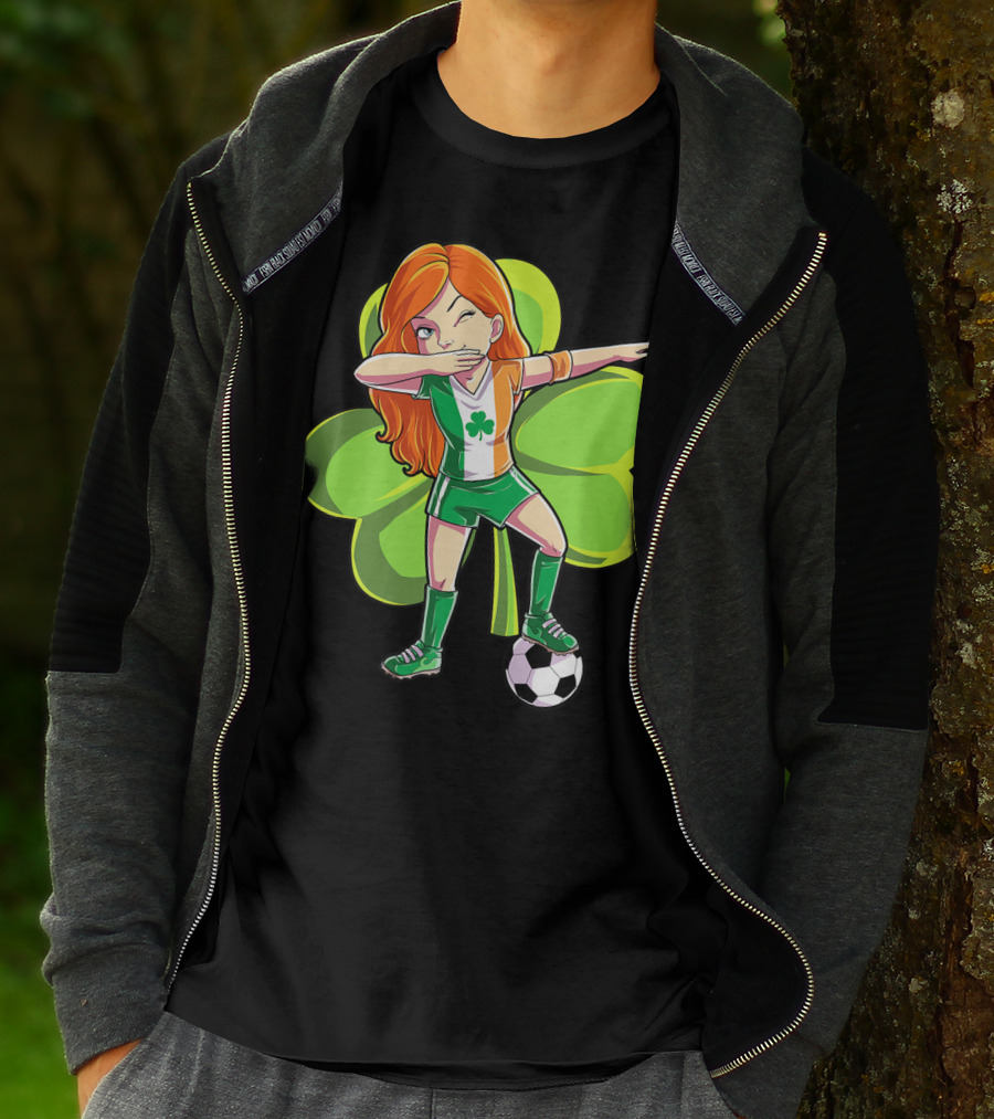Dabbing Soccer Girl St Patricks Day Irish Shamrock T-Shirt