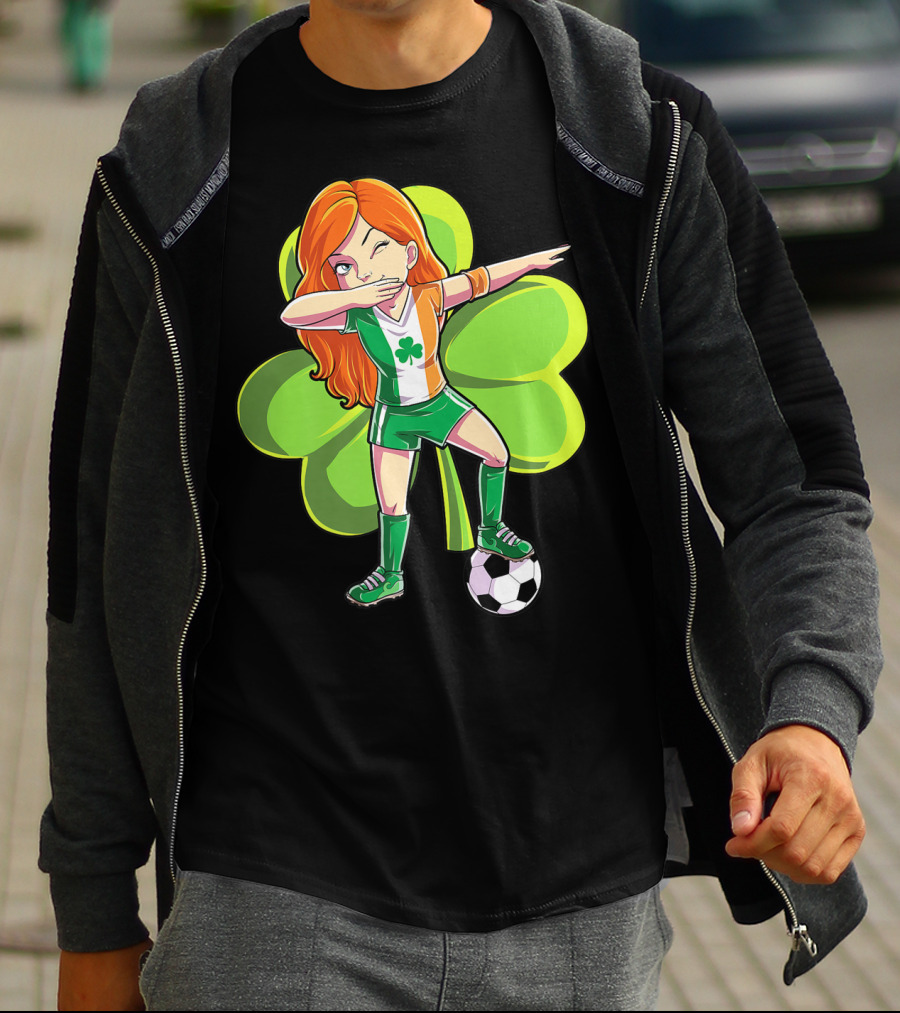 Dabbing Soccer Girl St Patricks Day Irish Shamrock T-Shirt