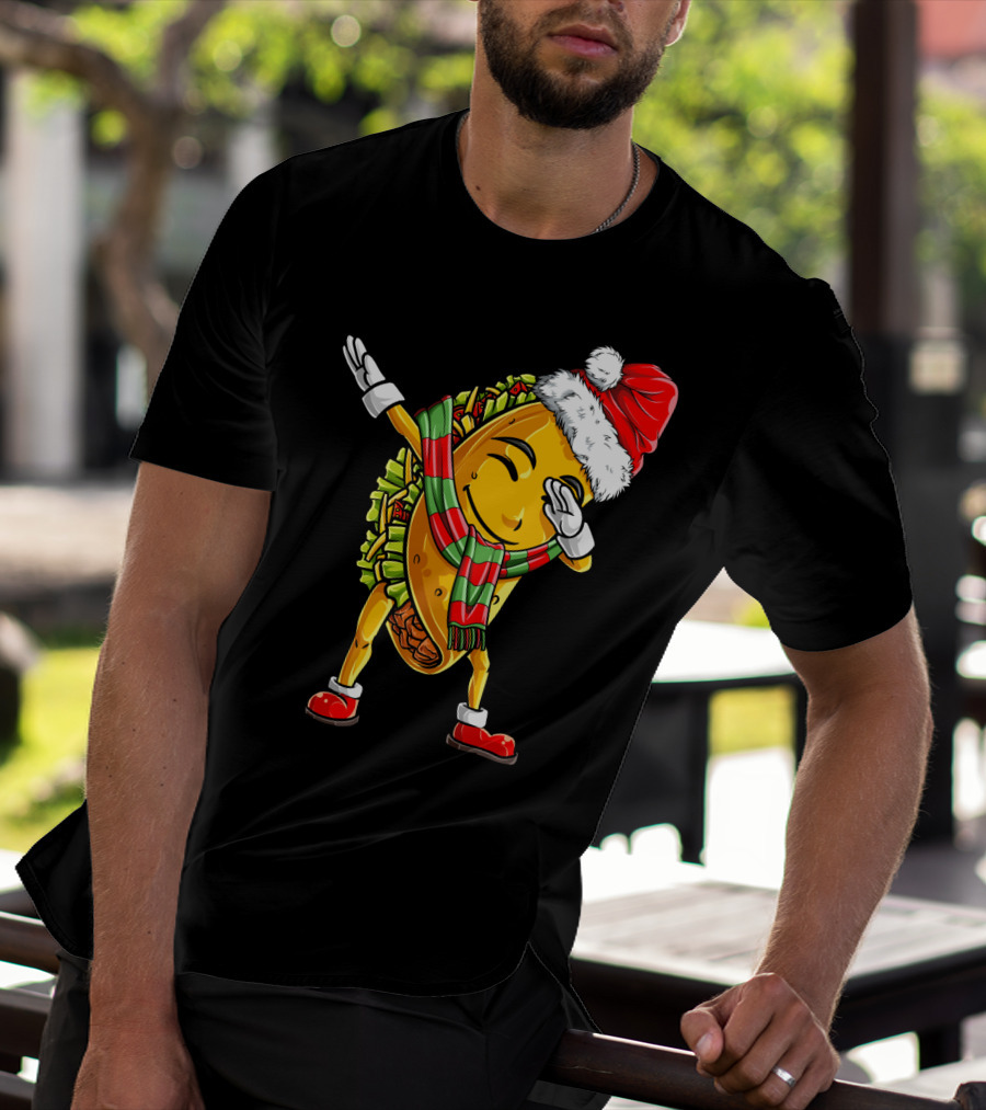 Dabbing Santa Taco With Christmas Hat And Scarf T-Shirt