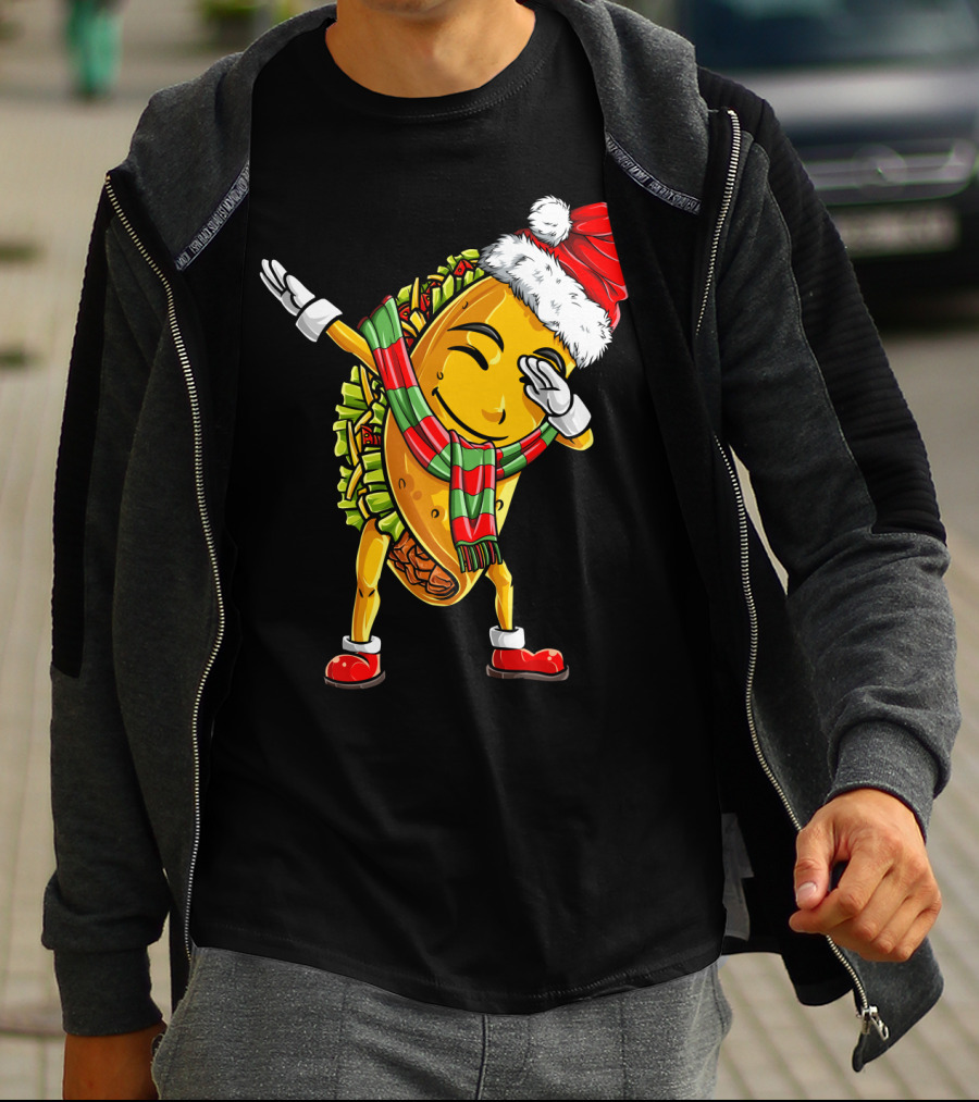 Dabbing Santa Taco With Christmas Hat And Scarf T-Shirt