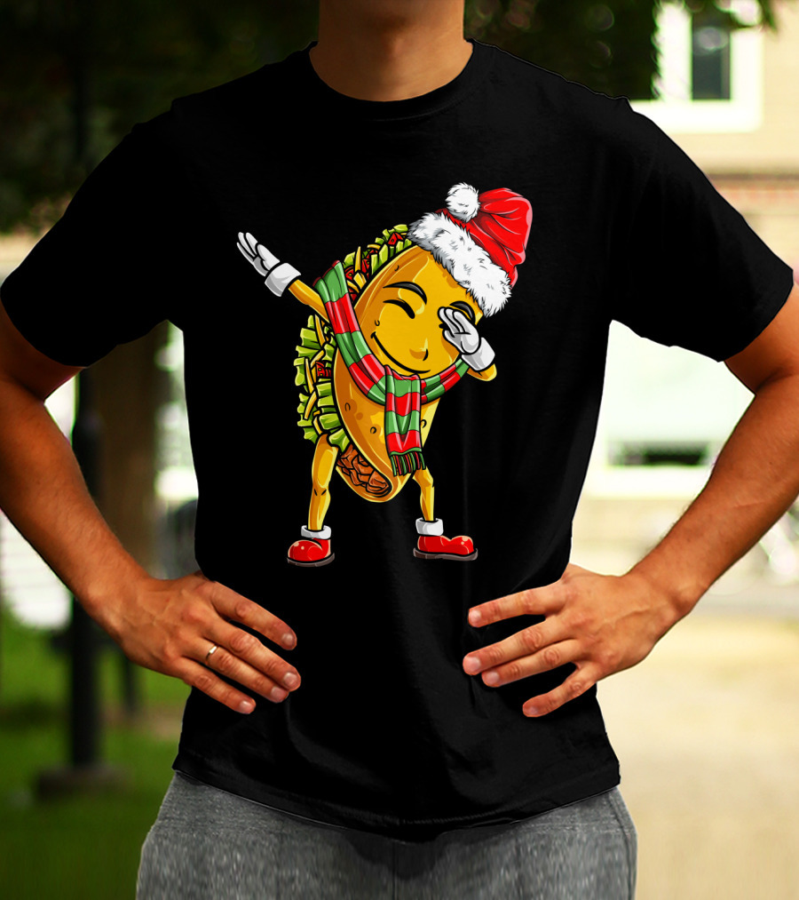Dabbing Santa Taco With Christmas Hat And Scarf T-Shirt