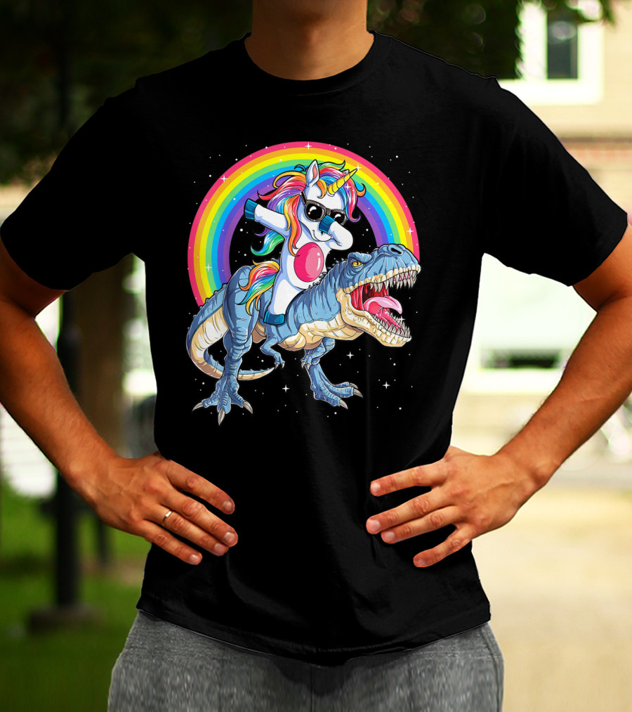 Dabbing Unicorn Dinosaur Rex Kids Girls Boys Space Rainbow T-Shirt