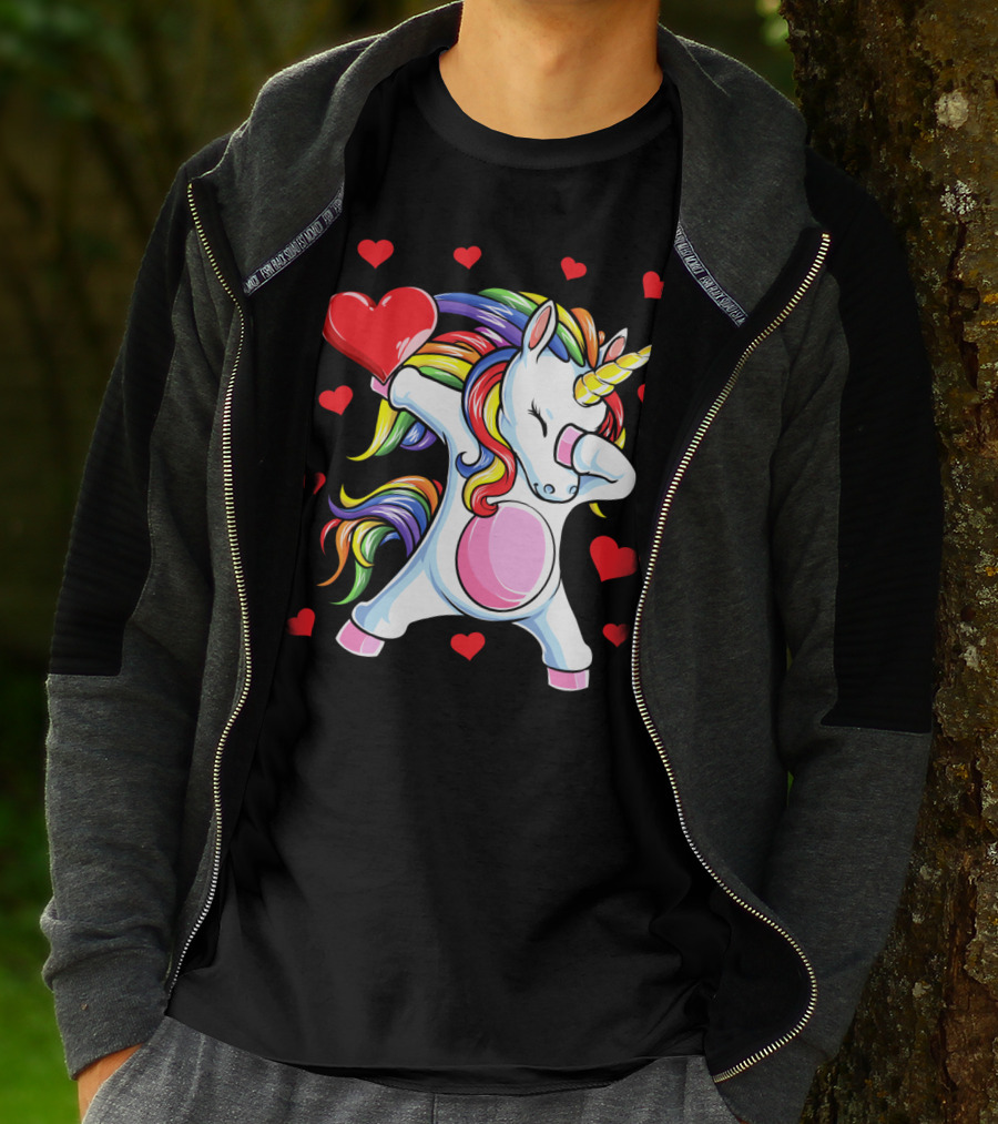 Valentines Day Dabbing Unicorn With Heart And Rainbow Mane T-Shirt
