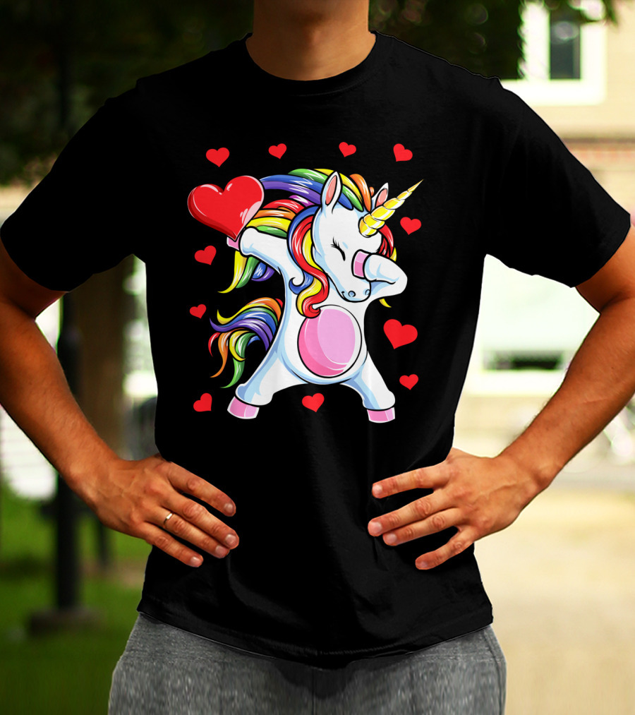 Valentines Day Dabbing Unicorn With Heart And Rainbow Mane T-Shirt