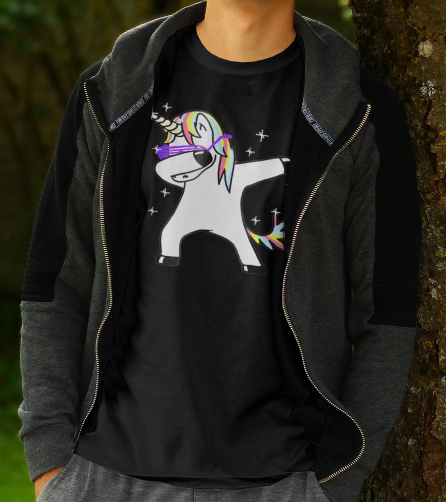 Dabbing Rainbow Unicorn With Sunglasses And Stars T-Shirt