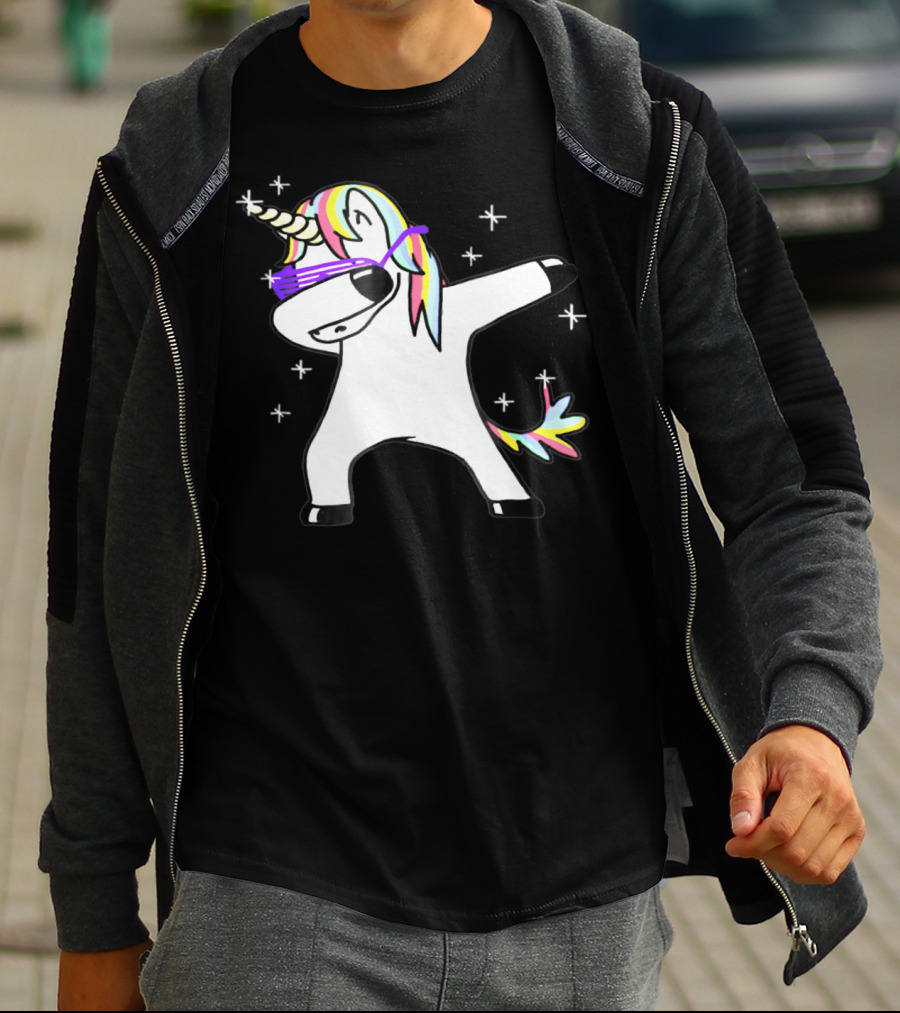 Dabbing Rainbow Unicorn With Sunglasses And Stars T-Shirt