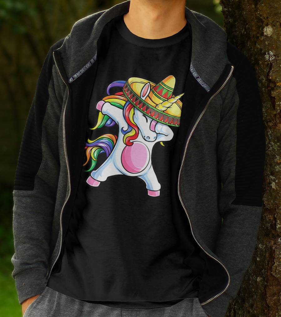 Dabbing Unicorn With Rainbow Hair And Sombrero Celebrating Cinco De Mayo T-Shirt