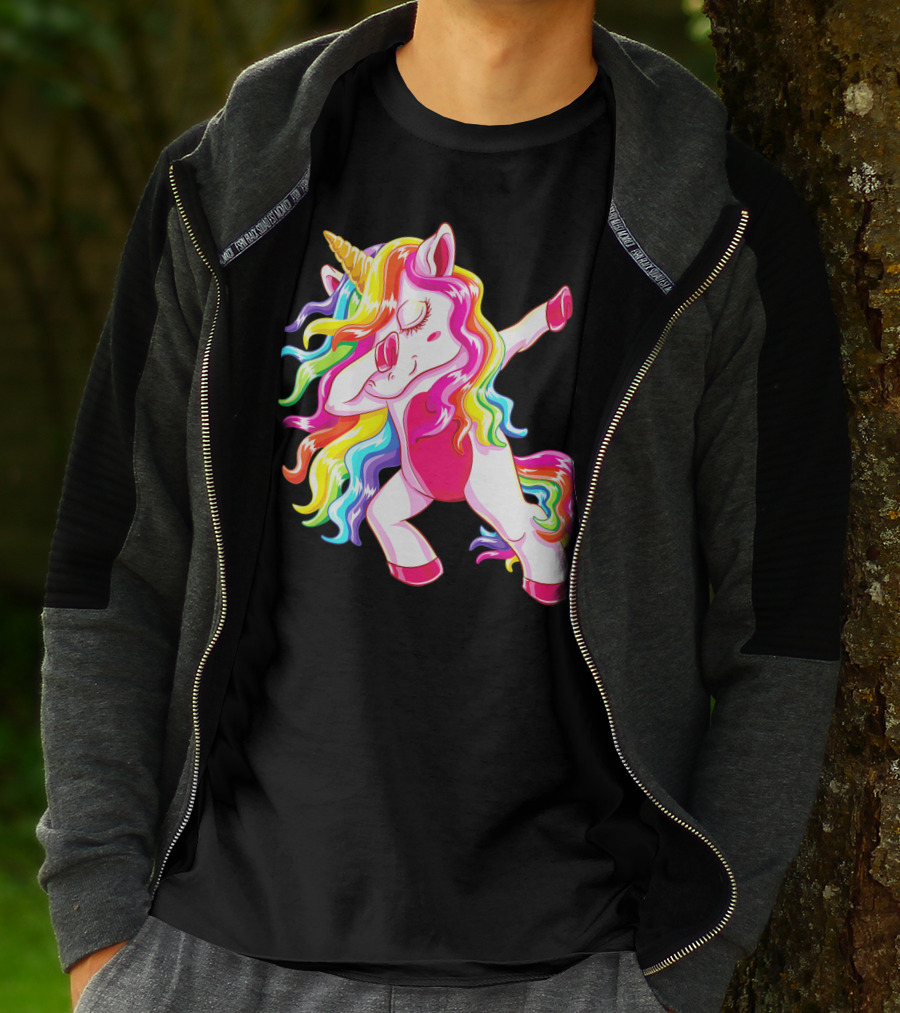 Dabbing Rainbow Unicorn With Long Hair Dab Dance T-Shirt