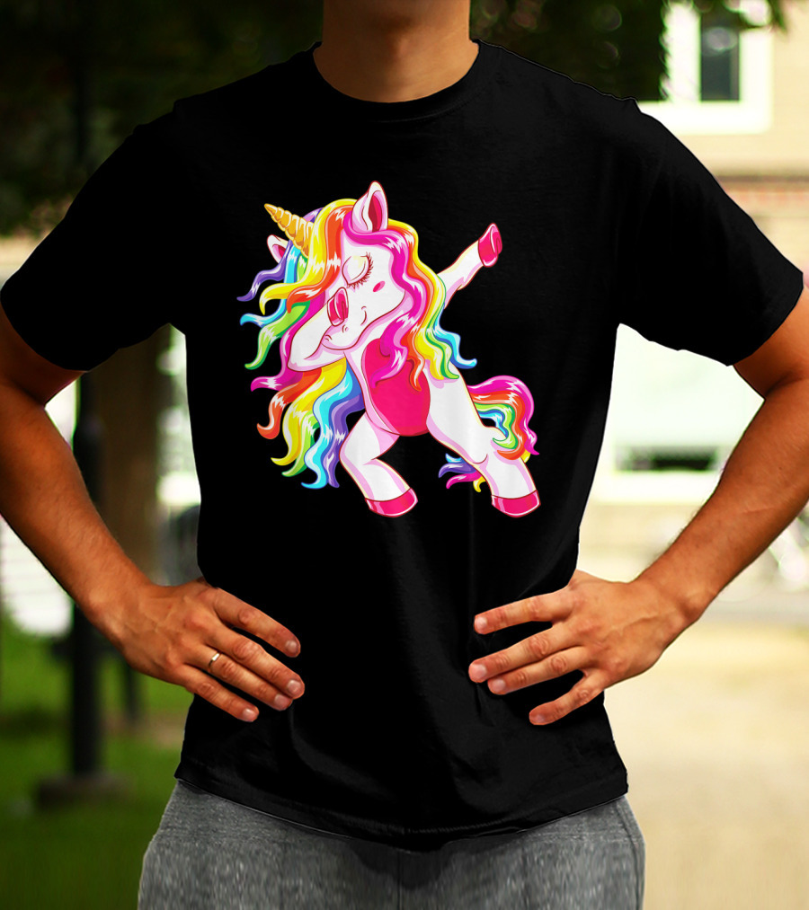 Dabbing Rainbow Unicorn With Long Hair Dab Dance T-Shirt