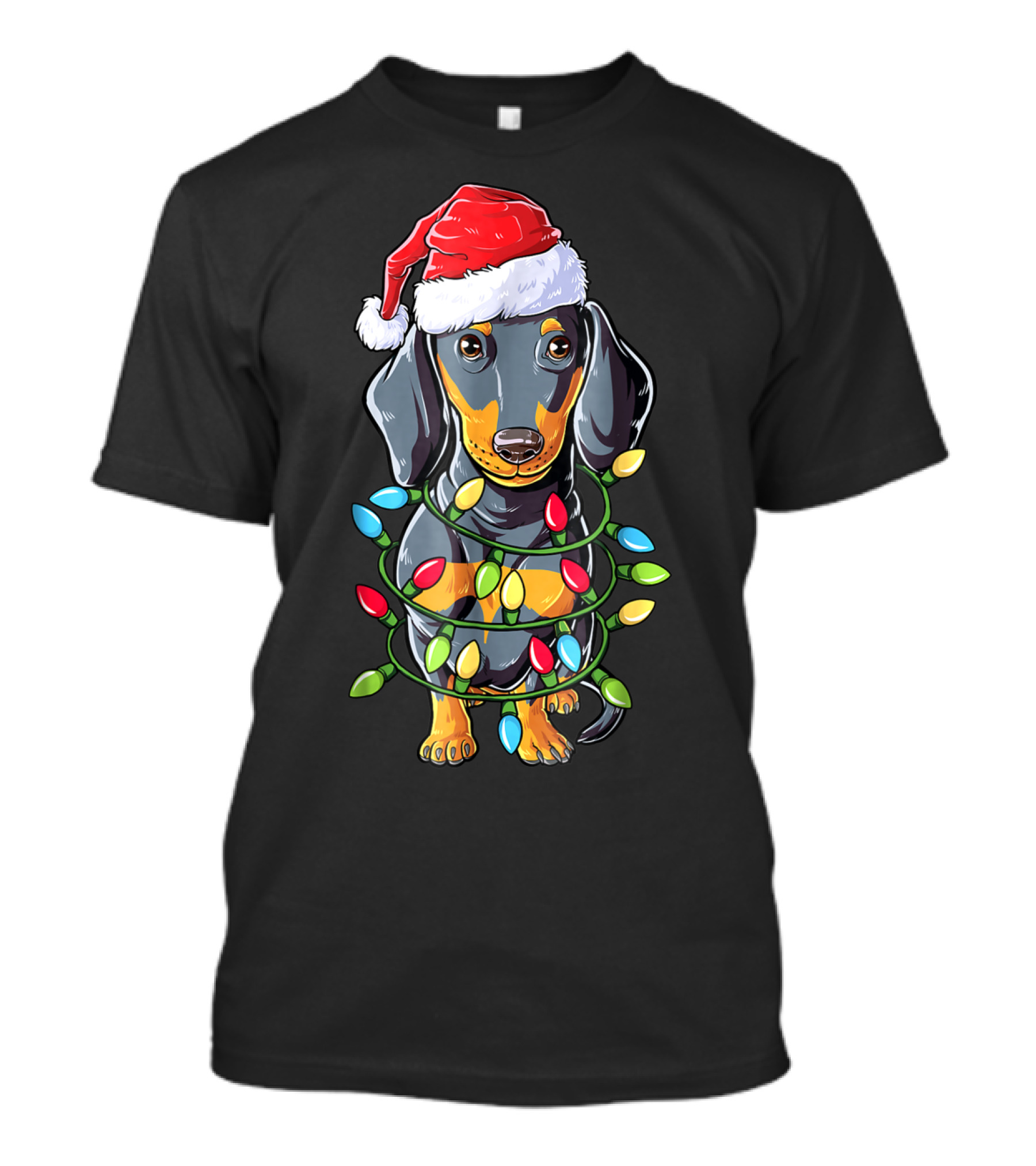 Dachshund Christmas Dog Wrapped In Santa Hat And Xmas Tree Lights T-Shirt