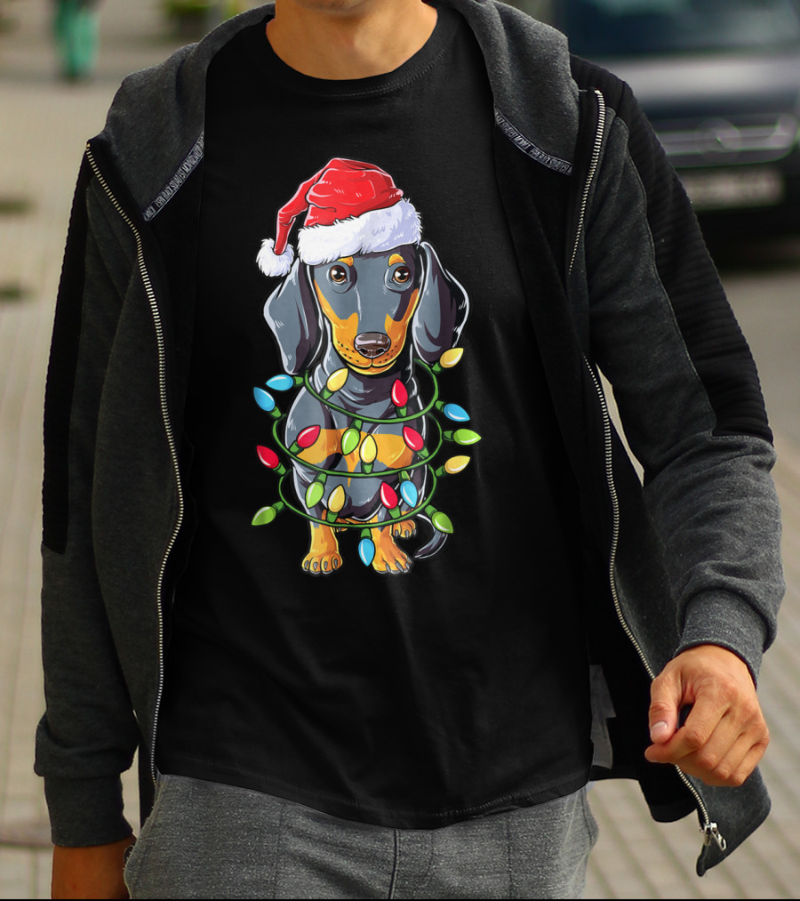 Dachshund Christmas Dog Wrapped In Santa Hat And Xmas Tree Lights T-Shirt