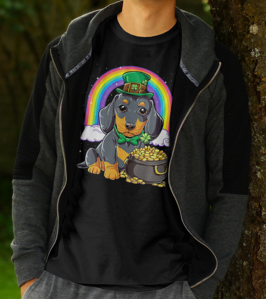 Dachshund St Patricks Day Leprechaun Rainbow Pot Of Gold T-Shirt