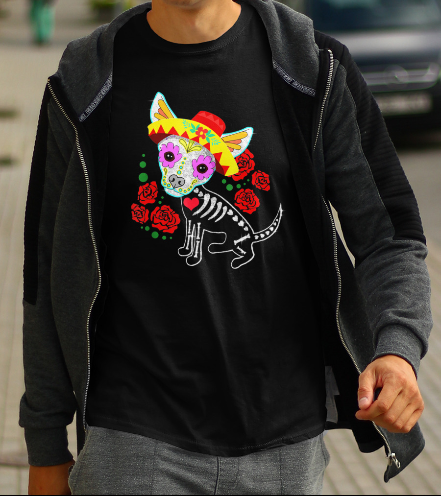 Day Of The Dead Chihuahua Skeleton Sombrero Roses T-Shirt