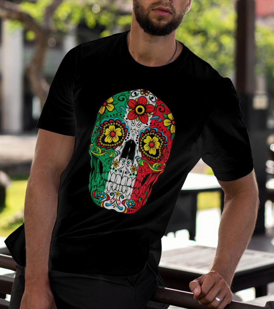 Day Of The Dead Sugar Skull Mexican Flag Flowers Colorful T-Shirt