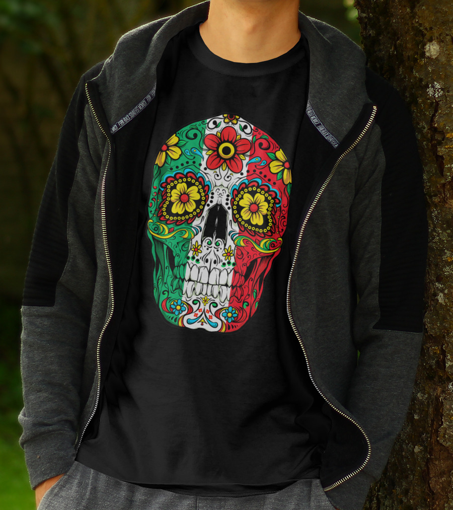 Day Of The Dead Sugar Skull Mexican Flag Flowers Colorful T-Shirt
