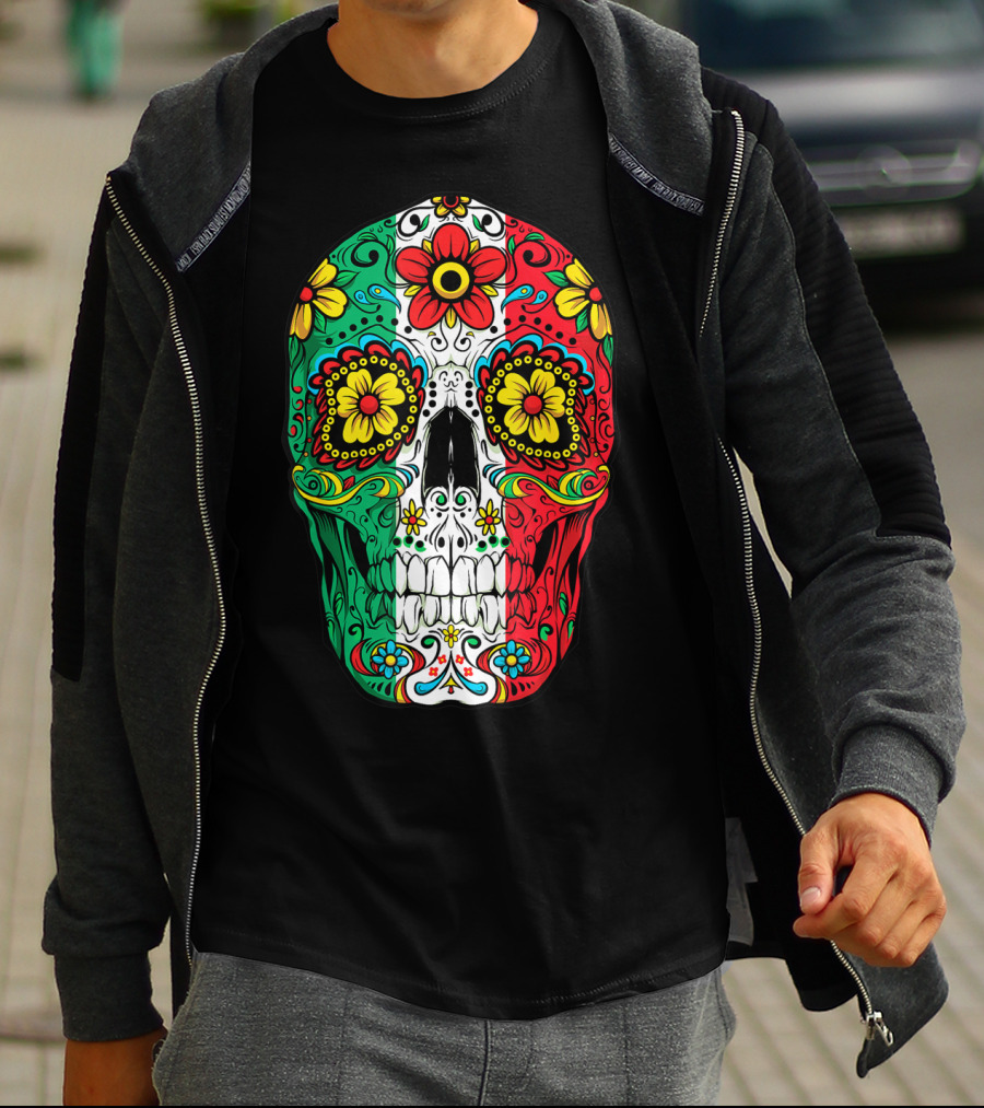 Day Of The Dead Sugar Skull Mexican Flag Flowers Colorful T-Shirt