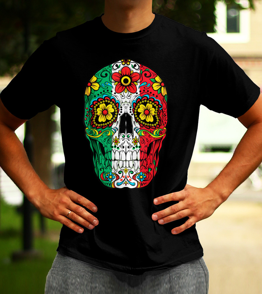 Day Of The Dead Sugar Skull Mexican Flag Flowers Colorful T-Shirt