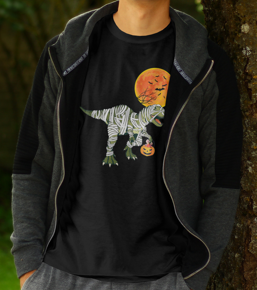 Dinosaur Halloween Mummy With Pumpkin And Full Moon Background T-Shirt
