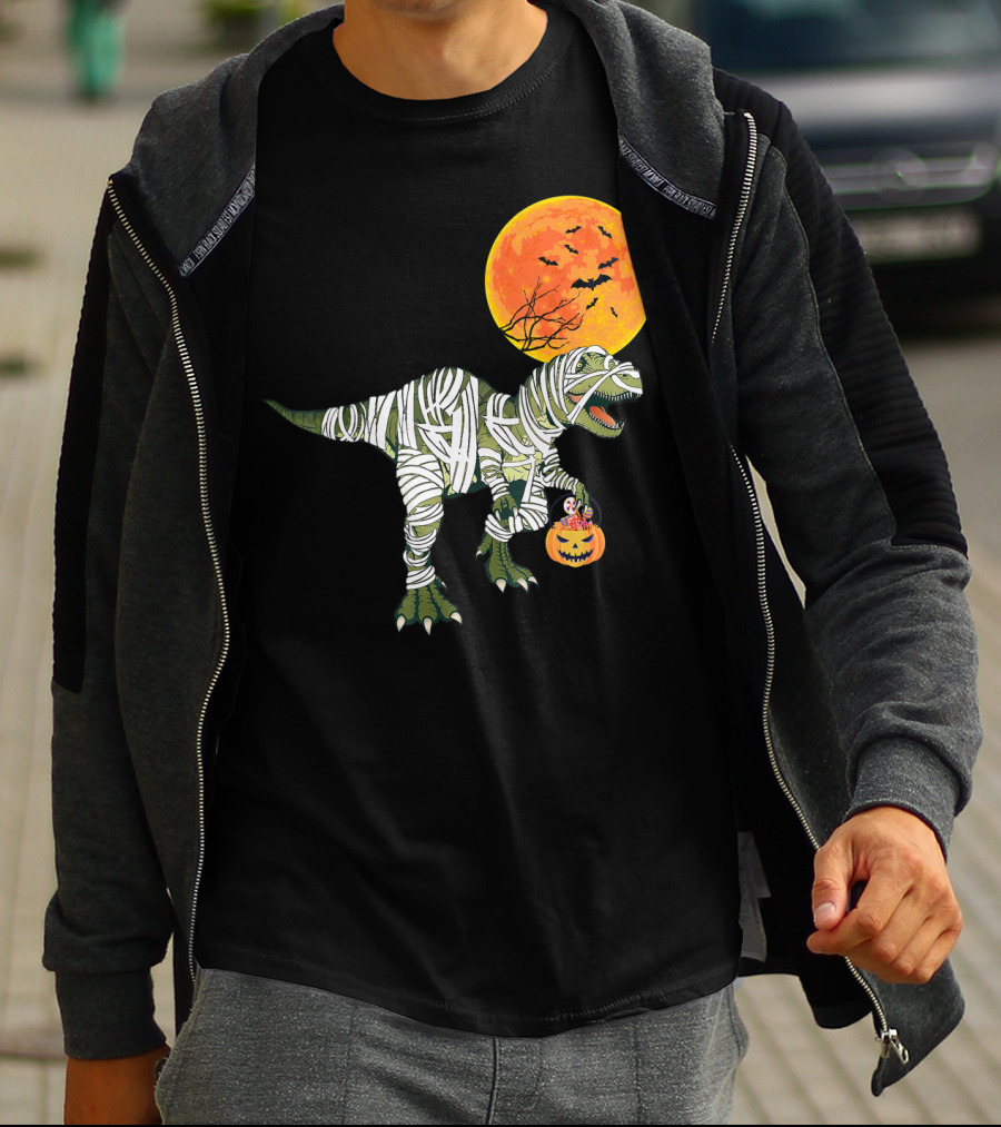 Dinosaur Halloween Mummy With Pumpkin And Full Moon Background T-Shirt